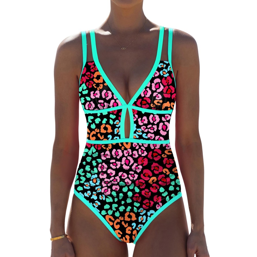 NWT Popvil Neon Leopard Cutout One Piece Swimsuit Tummy Control Large